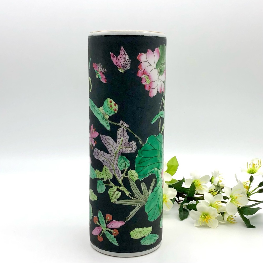 Chinese Porcelain Vase Hat Stand Famille Noire Floral Bird Lotus Qianlong Mark - Picture 13 of 13